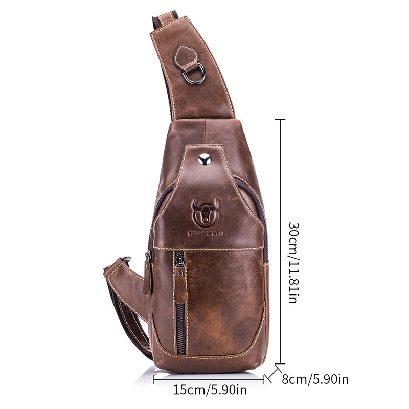 (image for) BULLCAPTAIN Men Genuine Leather Wear Resisting Textured Business Casual Brown Black Chest Bag Shoulder Crossbody Bag